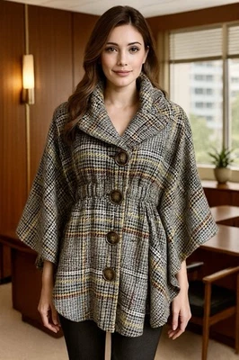 Jolt плащ бежевый клетку зажим талии полностью с подкладкой пончо Sz M стильный изысканный - Изображение 1 из 4