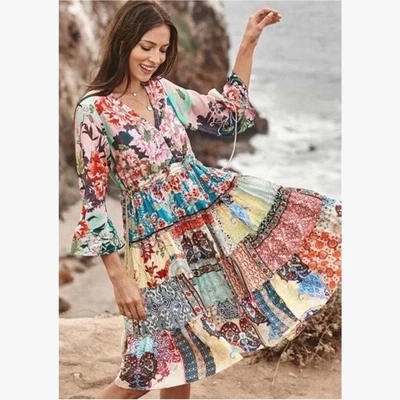 NUEVO VESTIDO JOHNNY WAS GIGI SEDA PATCHWORK CAMPESINO KIMONO BORLAS MEDIANO RARO $398 Foto 1 de 4