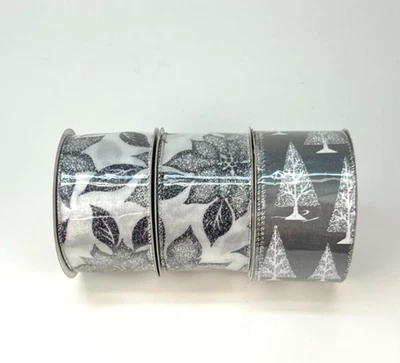 Christmas Holiday Wired Ribbon  2.5"x 25' Silver Glitter White NEW lot of 3 - Image 1 of 4