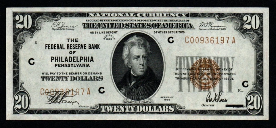 1929 $20 PHILADELPHIA BEAUTIFUL AU+ ERROR Federal Reserve Bank Note! - Image 1 of 2