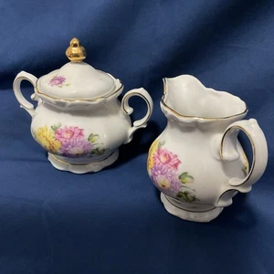 Sucre et crémier vintage à couvercle, Winterling, os bavarois chinois floral avec bordure dorée - Photo 1/11