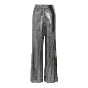 Disco Silver Wide Leg  Sequined Pants S Silver Black Trouser Metallic JLUXLABEL - Picture 1 of 16
