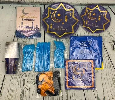 Serves 24 Ramadan Eid Mubarak Decorations Dinner Plates Cups Balloons - Image 1 of 2