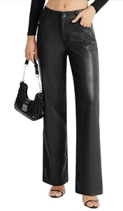 Women's Faux Leather Pants Button Up Jeans Straight Wide Leg Trousers Pockets - Picture 1 of 7