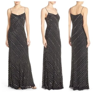  Adrianna Papell ~ Black Silver Diagonal Beaded Trumpet Formal Gown 8 NEW $369 - Picture 1 of 7