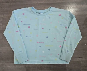 Girls Champion Crew Neck Youth L Blue Pullover Sweatshirt Cursive Script - Picture 1 of 3