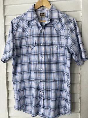 ELY CATTLEMAN Western Shirt Men Sz M Pearl Snaps White Plaid Short Slv Snap Pckt - image 1 of 4