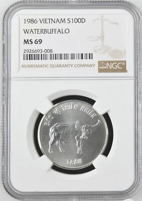 1986 Vietnam 100 Dong Silver World Coin ~ NGC MS69 ~ Water Buffalo  - Image 1 of 4