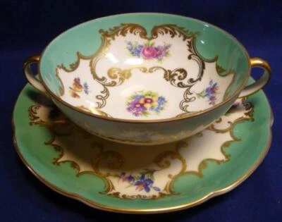 ALEMANHA ZONA EUA BAYREUTH SOPA/COPO CREME E PIRES ACABAMENTO DOURADO VERDE FLORAL - Imagem 1 de 4