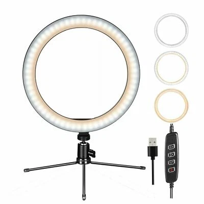 Anillo de luz LED de 10" con soporte para trípode y soporte para teléfono kit de luces de anillo de escritorio regulables Foto 1 de 4
