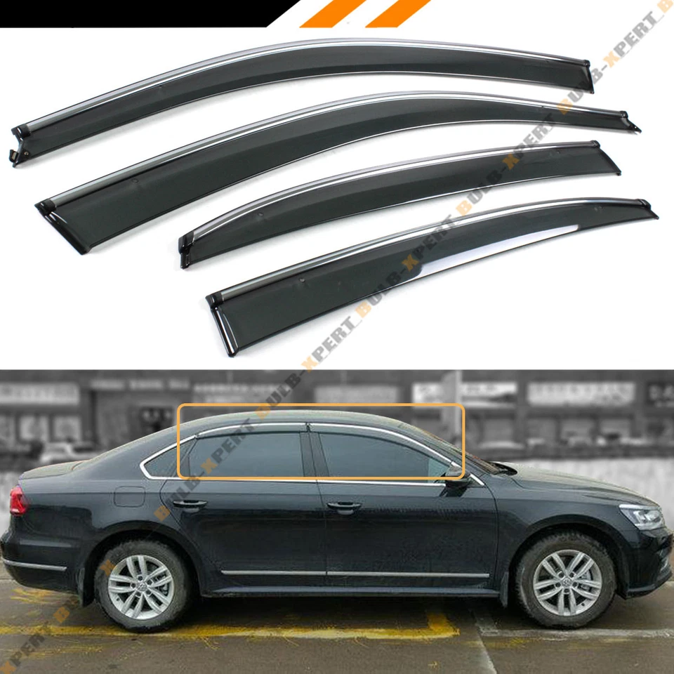 PARA VW PASSAT 2012-18 CLIP TEÑIDO DE HUMO EN VISERA DE VENTANA CROMADA PROTECTOR DE LLUVIA  Foto 1 de 4