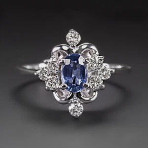 ANILLO DE CÓCTEL ZAFIRO DIAMANTE ORO BLANCO 14k racimo natural halo bailarina - Imagen 1 de 1