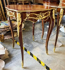 French Style Brown Wood Louis XVI Side Table Gold Details Furniture Table - Picture 1 of 3