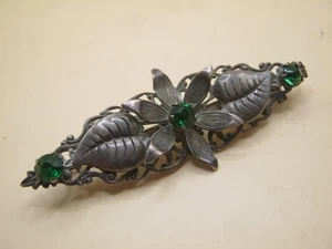 Antique Silver Brooch With Green Paste Emeralds - Floral Design - Picture 1 of 5