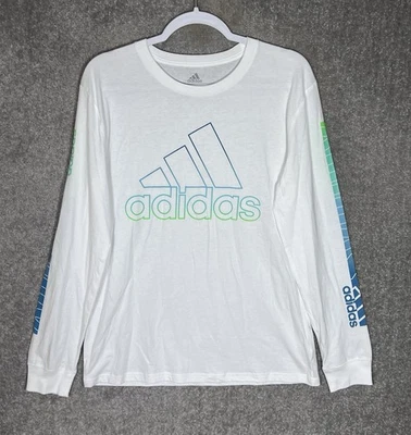 Adidas Long Sleeve Tee Shirt Boys Size XL 18-20 White Blue Green Cotton Pullover - Image 1 of 4