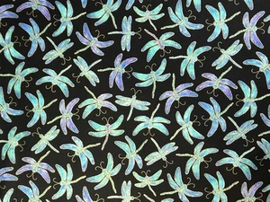 Schwarzer Hintergrund mit Metallic Blau & Aqua Libelle Stoff Meterware (36 x 44 - Bild 1 von 4