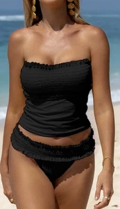 NWT Beachsissi Black Bandeau Strapless Smocked Tummy Control Tankini Women’s S - Picture 1 of 10