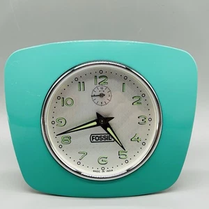 Vintage Fossil Turquoise Metal Wind Up Alarm Clock Retro MCM Style Glowing Hands - Picture 1 of 14