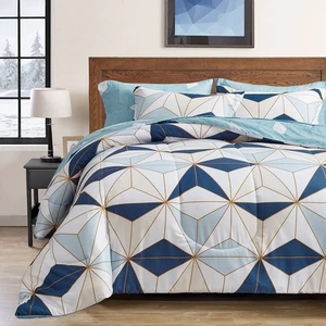 Flysheep Bed in a Bag 7 Pieces Queen Size, Navy Blue Triangles Geometric Patt... - Picture 1 of 6
