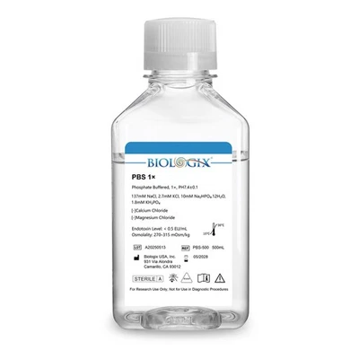 Biologix® PBS Buffer (1×), pH7.4, Low Endotoxin, 500mL/Bottle, 10 Bottles/Case