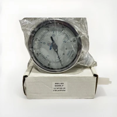 BLUE RIBBON BR301L-402H LIQUID FILLED 4” PRESSURE GAUGE 0-300 PSI 1/2”NPT.    G5 - Image 1 of 4
