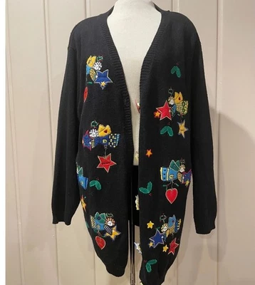 VTG Quaker Factory Black Embroidered Angel Stars Cardigan Sweater 1X Holiday - Image 1 of 4