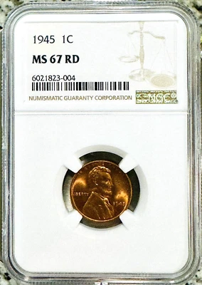 1945 1c Lincoln Penny Red, NGC MS-67, Only 20 Graded Higher - Image 1 of 4