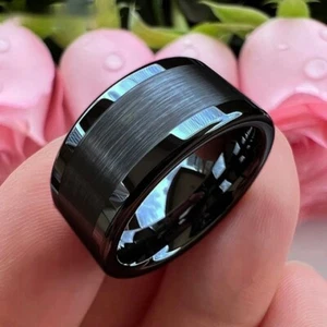 10/12 MM Men Women Flat Center Brush Polish Finish Tungsten Carbide Ring Band - Picture 1 of 12