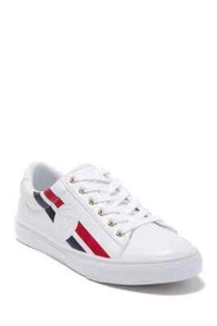 WOMEN'S TOMMY HILFIGER *LINDEE* LOGO SNEAKERS COLOR~WHITE/RED &BLUE LOGO STRIPE - Picture 1 of 5