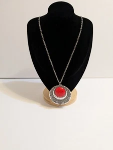 Necklace. Large Round Silver Tone Pendant With Red Bezel Set Acrylic Bead. 34". - Picture 1 of 15