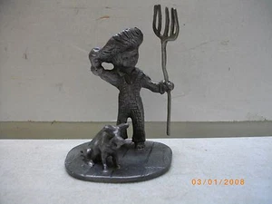 PEWTER FARMER BOY WITH PITCHFORK AND PIG FIGURINE - Picture 1 of 2