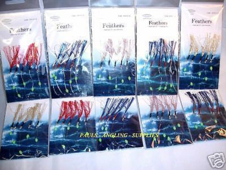 10 X GLITTER FEATHER  RIGS SEA FISHING TACKLE LURE BOAT - Image 1 of 1