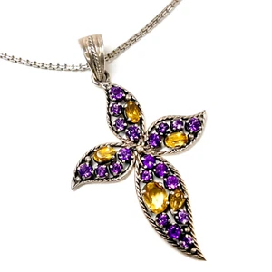 Nicky Butler Cross Pendant Necklace Sterling Silver Pavé Amethyst Citrine Vtg - Picture 1 of 7