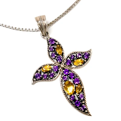 Nicky Butler Cross Pendant Necklace Sterling Silver Pavé Amethyst Citrine Vtg - Image 1 of 4