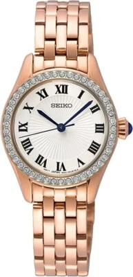 Reloj Seiko clásico esfera blanca oro rosa acero cristal bisel damas SUR338P1 Foto 1 de 2