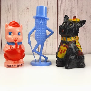 Vintage Plastic Piggy Banks Reliable Scottie Dog Mr. Peanut Lot of 3 Complete - Picture 1 of 11