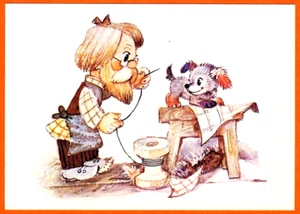 L.Vladimirsky Russian postcard PETRUSHKA'S DAD makes PUPPY DOG - Bild 1 von 2