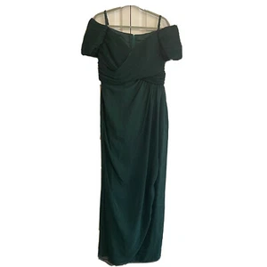 Vintage Womens Emerald Green Off Shoulder Ruche Surplice Maxi Dress Formal Prom - Picture 1 of 15