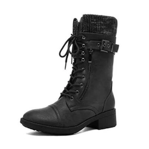 Women's Winter Lace up Mid Calf Combat Riding Military Boots 9 Amazon-black - Picture 1 of 8