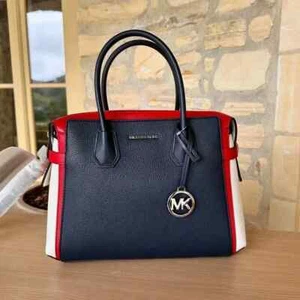 MICHAEL KORS MEDIUM TOP ZIP BELTED SATCHEL SHOULDER BAG NWT NAVY RED WHITE - Picture 1 of 8