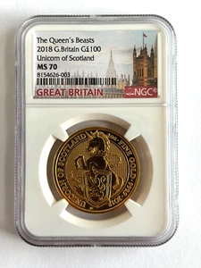 2018 The Queen's Beasts Great Britain 1oz Gold £100 Unicorn of Scotland NGC MS70 - Picture 1 of 2