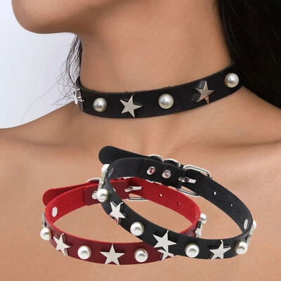 Hip Pop Interval Star Rivet Choker Collar Neck Chain Goth Punk Leather Necklace - Image 1 of 4