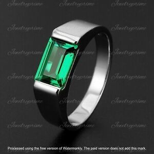 2Ct Emerald Cut Lab Created Green Emerald Men Wedding Ring 14k White Gold Plated