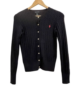 Ralph Lauren Sweater Girls XL Navy Blue Cable Knit Cardigan Pink Pony Button Up - Picture 1 of 6