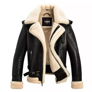 Men's Black Aviator Bomber Jacket Real Shearling Sheepskin Soft Leather Coat - Picture 1 of 4
