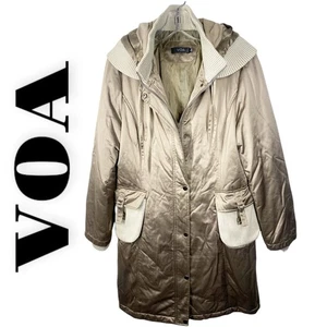 VOA VINTAGE 90's Y2K LONGLINE SILKY FULL ZIP HOODED COAT CHAMPAGNE BEIGE, Large - Bild 1 von 9