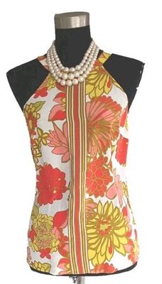 Trina Turk Silk Top "Gaskia" P Green Beige Yellow Orange Dress Casual S XS NEW - Image 1 of 4