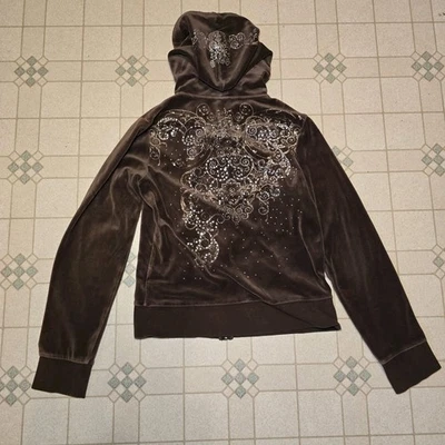 Sudadera con Capucha Express Marrón Floral Estrás Terciopelo Mujer M Cremallera Completa Y2K Fairy Grunge Foto 1 de 4