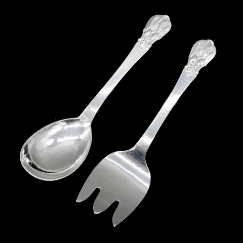 c1950 Hammered Sterling Silver Carl Poul Petersen Salad Serving Fork Spoon Set Cover