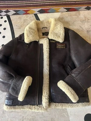 Genuine Shearling SheepSkin DISTRESSED Brown B-4 FLIGHT BOMBER  Coat Jacket L - Image 1 of 4